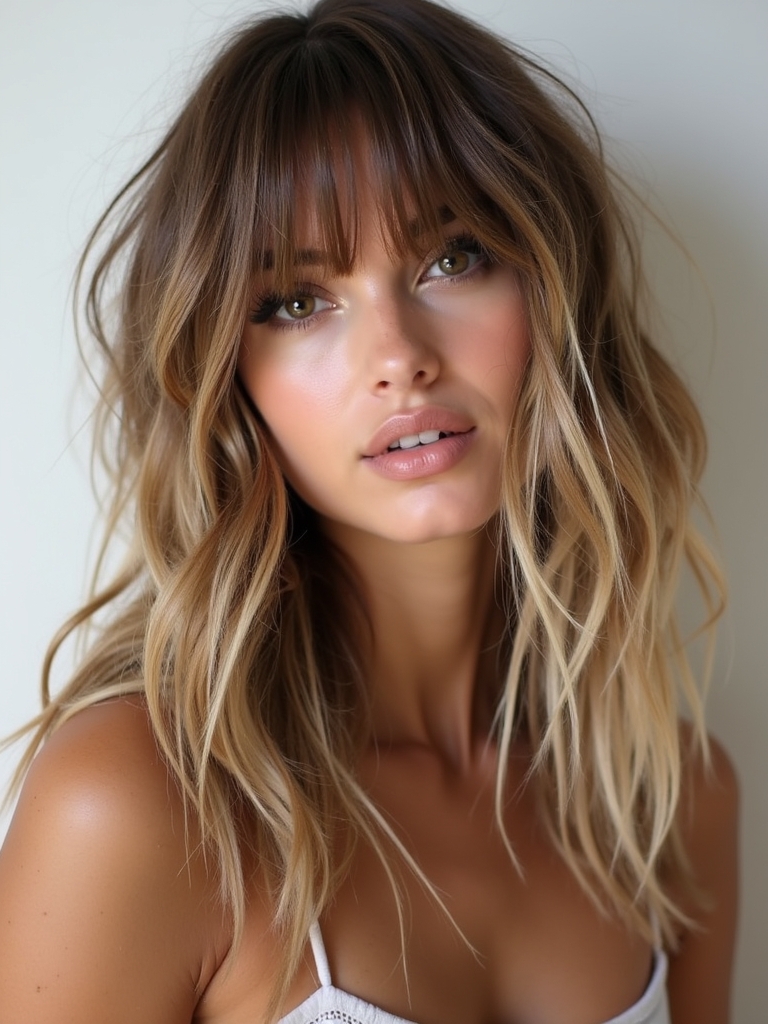 Face Framing Curtain Bangs: Wavy Hair Flow