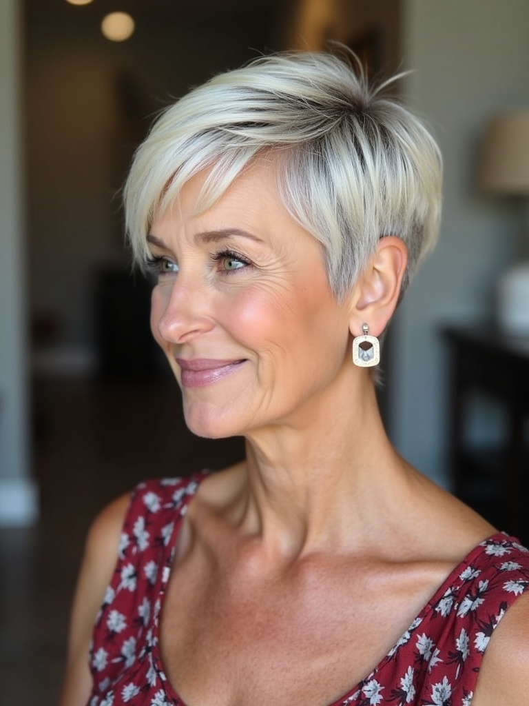Hairstyle For Thin Fine Hair Over 50: The Side-Swept Pixie with Volume
